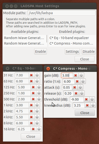 LADSPA Host effect set up with a C Eq - 10-band Equalizer and a C Compress - Mono Compressor